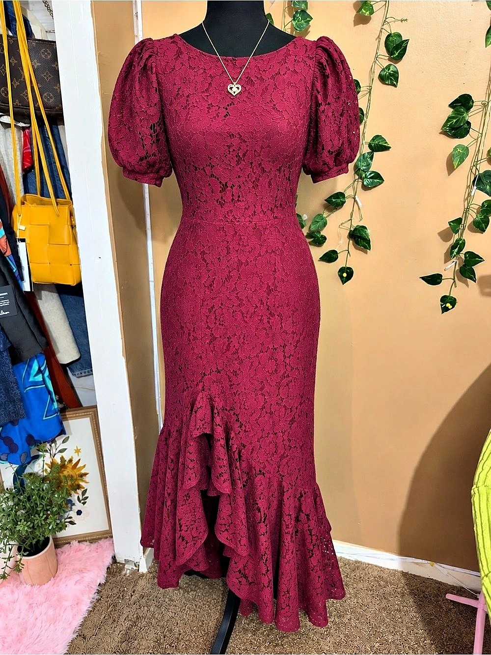 Melloday Burgundy Lace Ruffle Midi Dress Size M